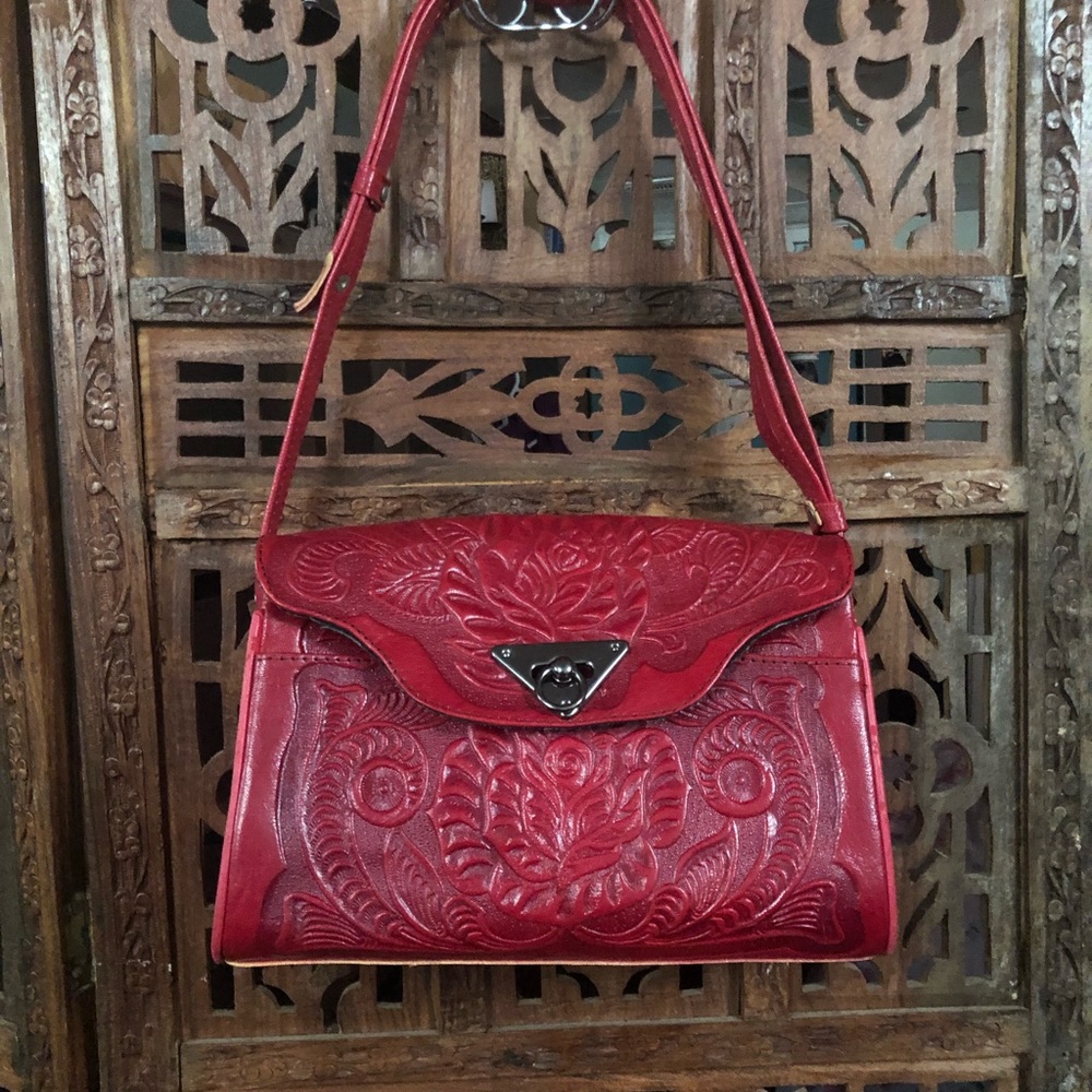 Mexican Embossed Leather Purse - Red/Black